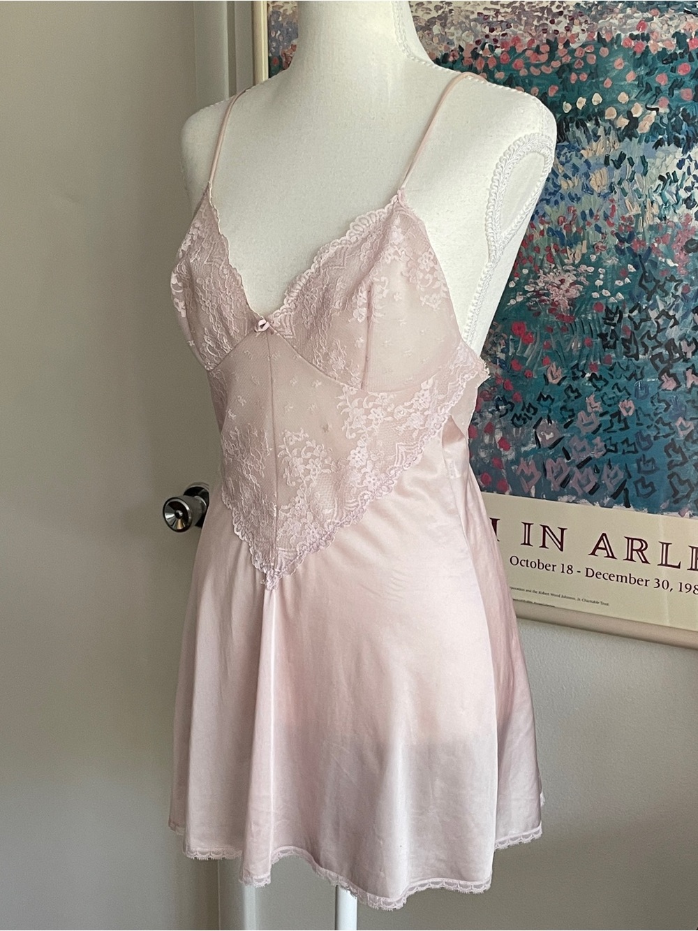 Vintage 70s Pink Satin Lace Slip Mini Dress XS/S Basque Coquette Bridal Lingerie - Picture 3 of 15